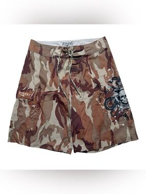 Vintage Y2K Inked Camo Grunge Skull Pocketed Brown Punk Shorts Size 30